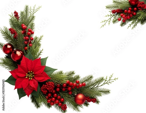Obraz Christmas corner decoration with poinsettias and pine cones isolated on transparent background