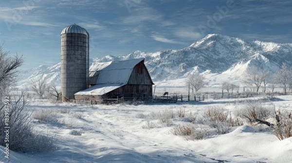 Obraz A winter landscape with a barn and silo,