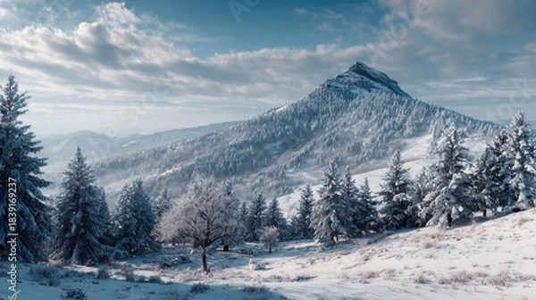 Obraz A winter landscape with a distant mountain,