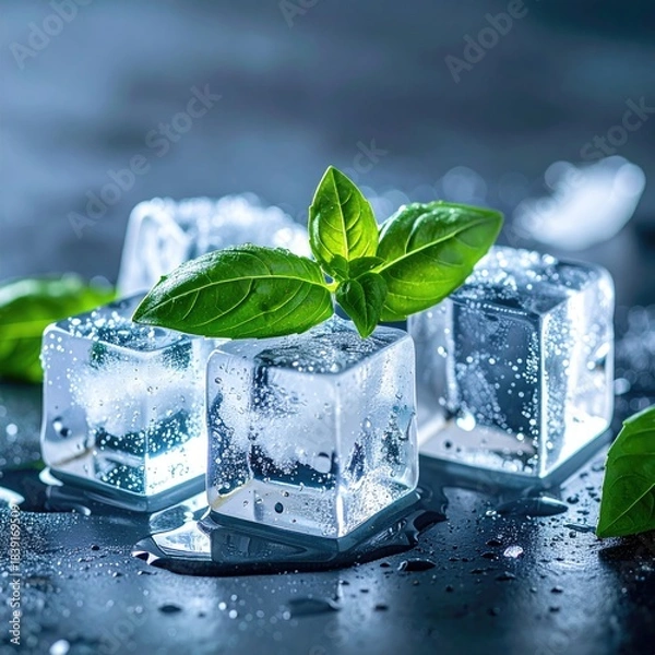Obraz Fresh ice cubes with basil leaves (4)
