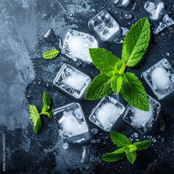 Obraz Fresh ice cubes and mint sprigs on dark surface
