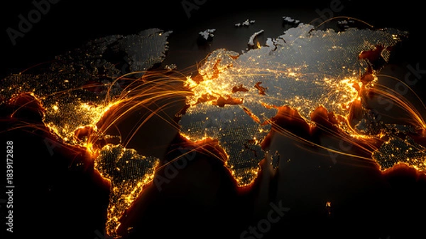 Obraz A world map with global business hotspots in glowing orange and yellow lights on a dark background