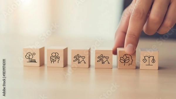 Fototapeta Conceptualizing the Future: A hand carefully selects a wooden block adorned with an environment-themed icon. The image symbolizes a commitment to sustainability, mindfulness.