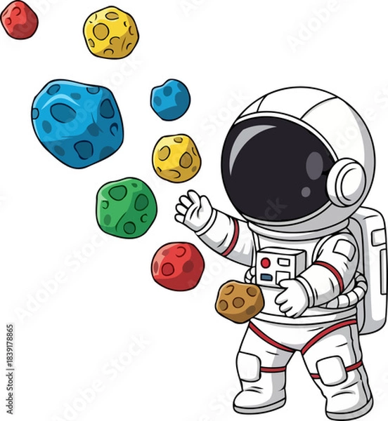 Obraz zerog playdate an astronauts fun encounter with floating, colorful celestial bodies, isolated on transparent background