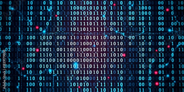 Obraz Digital binary code matrix background - 3D rendering of a scientific technology data binary code network conveying connectivity, complexity and data flood of modern digital age.