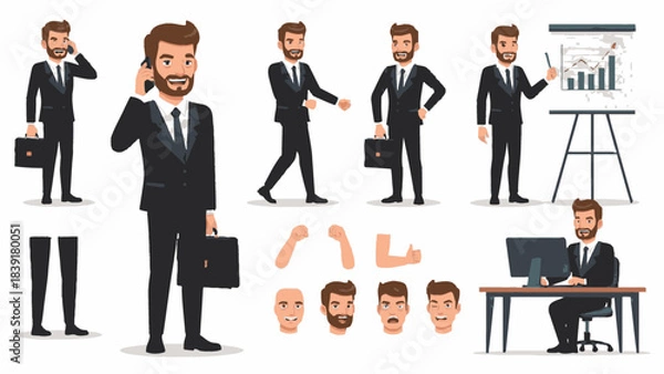 Fototapeta Business Man Character Set Animated Business Professional Posing and Gesturing in Various Scenarios