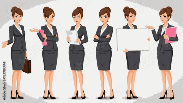 Fototapeta Versatile Businesswoman Character Poses Vector Collection Demonstrating Professionalism and Corporate Communication Skills in Various Office Settings