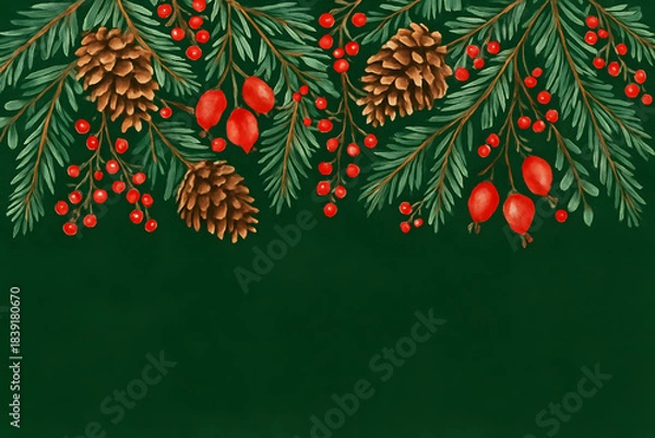 Fototapeta 緑背景に松ぼっくりと赤い実のクリスマス水彩イラスト（文字なし）