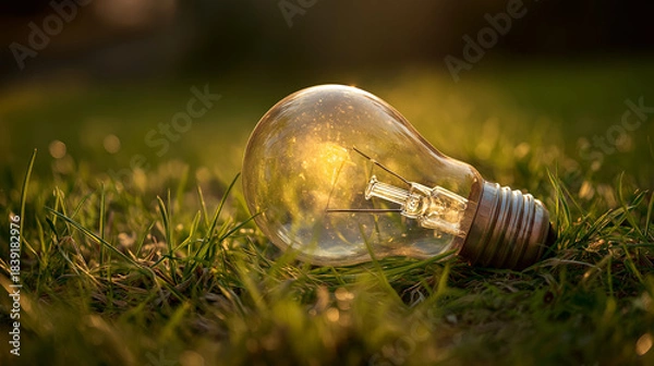 Obraz Eco Lightbulb on Green Grass at Sunset | Sustainable Energy and Environmental Concept