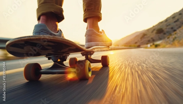 Fototapeta Low angle view of a person riding a skateboard on an empty road at golden sunset with warm light, motion blur, asphalt texture, dynamic speed feeling, freedom and active lifestyle concept