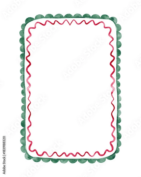 Obraz Watercolor green scalloped border with red decorative waves.Illustration for baby shower invitations, wedding stationery, and holiday cards.