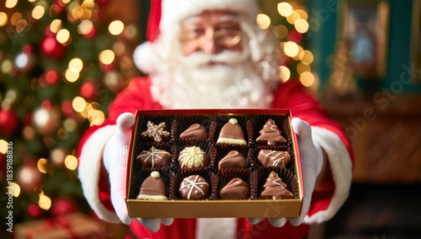 Fototapeta Santa Claus in red costume holding an open box of assorted chocolate pralines with festive decorations, warm golden bokeh lights, cozy holiday atmosphere and Christmas gift concept