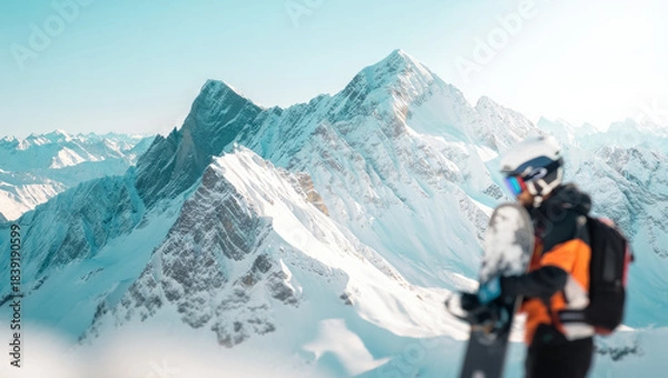 Fototapeta Snowboarder in helmet and goggles standing on a snowy mountain ridge with dramatic alpine peaks in soft morning light, fresh powder snow, winter adventure and freedom concept