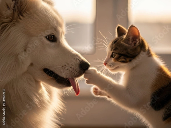 Obraz 夕暮れの光の中で白い大型犬の鼻に優しくタッチする子猫