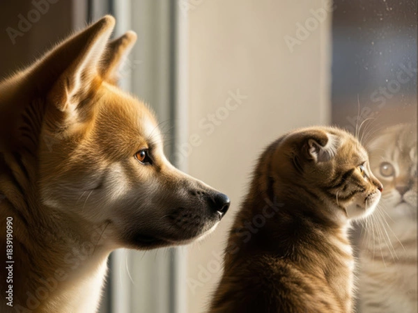 Obraz 飼い主の帰りを静かに待つ犬と猫の仲良しな横顔