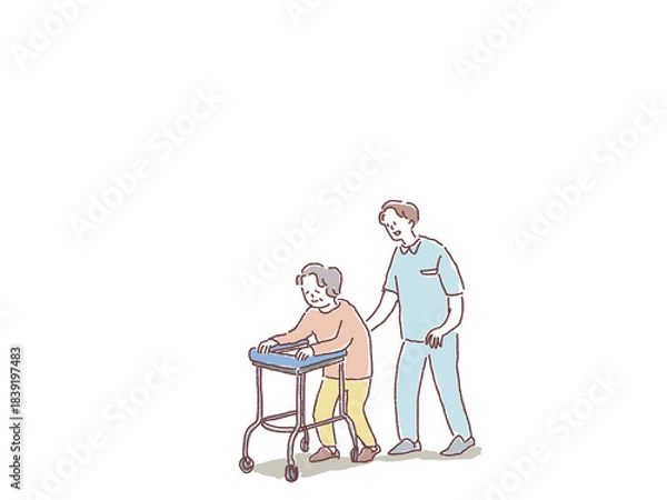 Obraz 歩行器で歩く高齢女性と付き添う男性（看護師、理学療法士、介護福祉士）