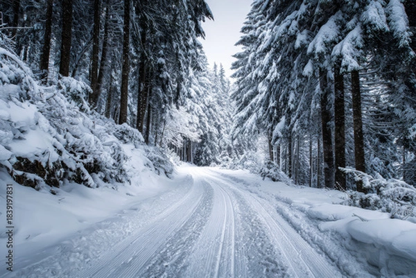 Obraz Road in winter forest