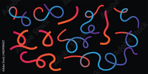 Fototapeta Abstract Neon Glowing Loops and Curves Set on Black | Colorful Vector Swirls, Digital Artistic Knot, Vibrant Rounded Light Trails.