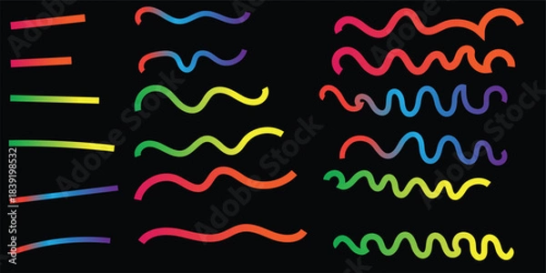 Fototapeta Set of Wavy Neon Gradient Lines on Black | Abstract Curved Light Trails, Colorful Graphic Design Elements, Vibrant Swirls and Zigzags.