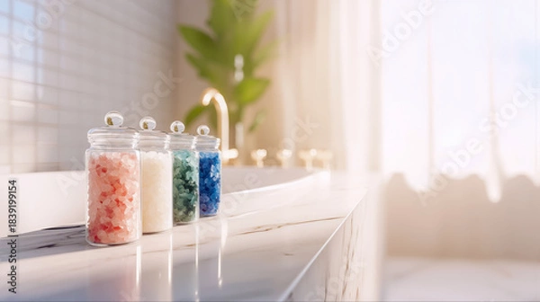 Obraz 自然光が差し込む明るいバスルームの大理石の上に並べられたカラフルなバスソルトのガラス瓶