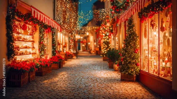 Obraz クリスマスのイルミネーションで彩られたヨーロッパ風の石畳の通りと華やかなショーウィンドウ