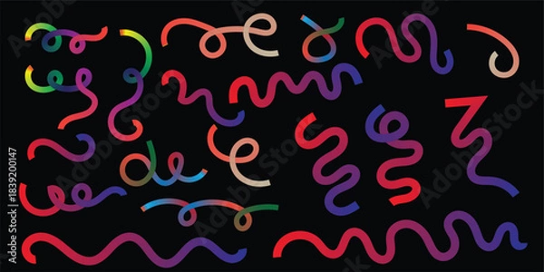 Fototapeta Colorful Abstract Wavy Lines on Black Background – Vibrant Curved Strokes, Modern Artistic Pattern, Creative Neon Swirls, Decorative Graphic Elements for Digital Designs.