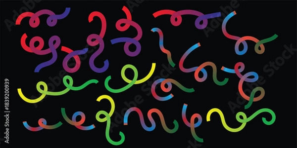 Fototapeta Colorful Abstract Wavy Line Shapes on Black Background – Vibrant Curved Strokes, Neon Fluid Scribbles, Modern Digital Art Pattern Illustration.