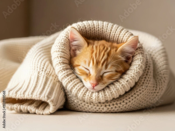 Obraz 暖かいニットの中で丸くなって眠る茶トラの子猫