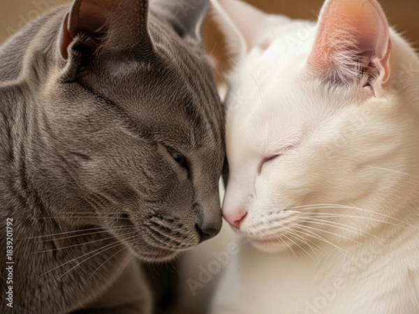 Obraz 深い信頼と愛情で結ばれたグレーと白の猫のカップル