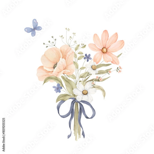 Obraz Bouquet of delicate wildflowers with blue bow and flying butterfly, watercolor isolated illustration, drawing rustic provence for invitation or greeting cards, poster or floral print.