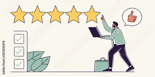 Fototapeta Businessman Checking Five Star Online Rating and Review Checklist