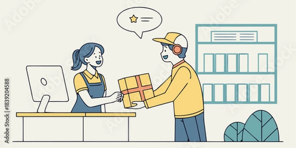 Fototapeta Courier Delivering Package to Office Receptionist with Feedback