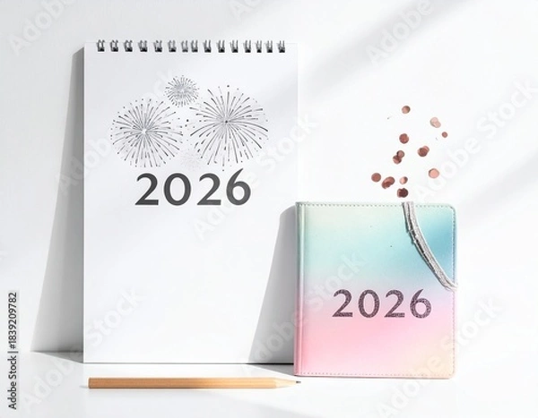 Fototapeta Happy new year 2026 calendar and notepad with fireworks illustration and pencil