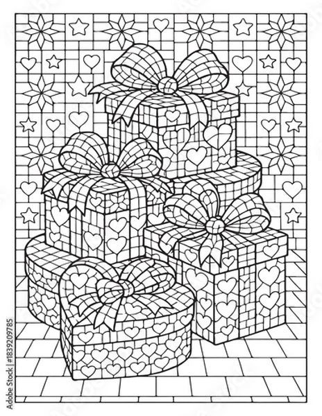 Fototapeta Intricate heart patterned gift boxes with bows for coloring
