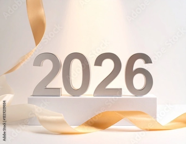 Fototapeta 2026 a Year of Celebration and New Beginnings, Silver Number on Pedestal with Gold Ribbon