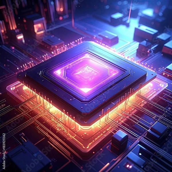 Fototapeta High-tech CPU glows on circuit board