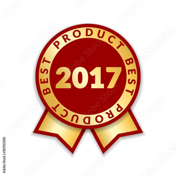 Obraz Ribbon award best product of year 2017. Gold ribbon award icon isolated white background. Best product golden label for prize, badge, medal, guarantee quality product Vector illustration