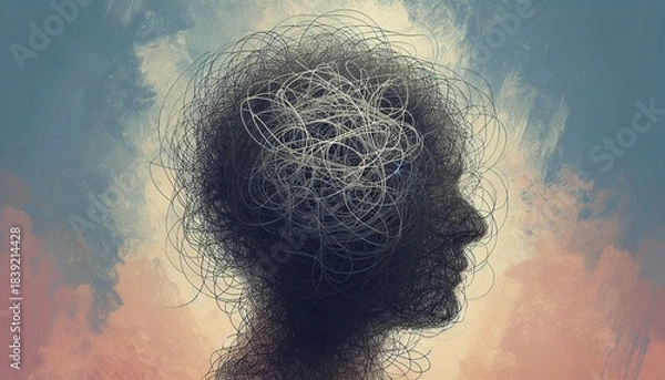 Fototapeta Silhouette of a human head with chaotic scribble lines, concept of anxiety, stress, depression or mental disorder, difficulties in making choices