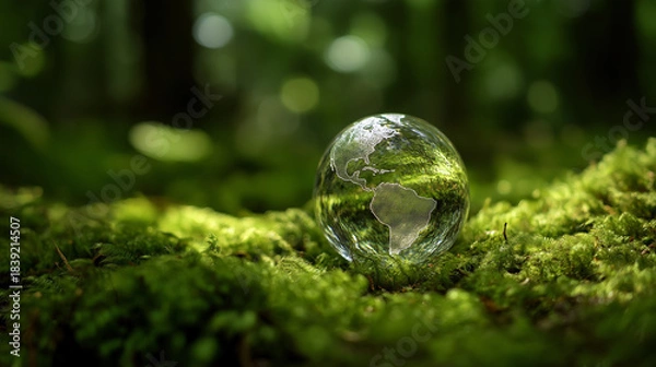 Obraz Crystal Globe on Moss Representing ESG, Sustainability, and Global Environmental Conservation
