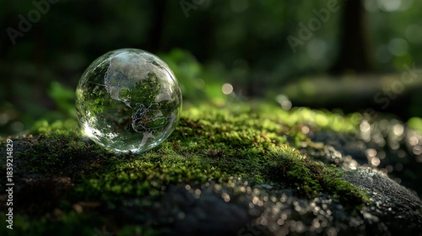 Obraz Crystal Globe on Moss Representing ESG, Sustainability, and Global Environmental Conservation
