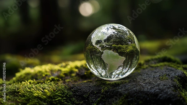Obraz Crystal Globe on Moss Representing ESG, Sustainability, and Global Environmental Conservation