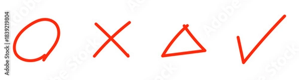 Obraz 赤ペンで書いた風の手書きマル、バツ、三角のイラストセット