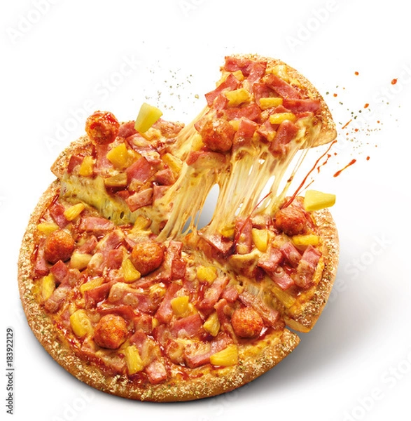 Obraz Delicious thin flame grilled ham and pineapple pizza with mozzarella cheese and crack isolated on white