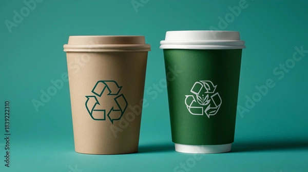 Obraz Eco-Friendly Recyclable Paper Cups With Recycling Symbol – Sustainable Packaging Concept