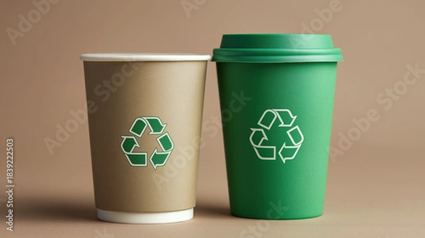 Obraz Eco-Friendly Recyclable Paper Cups With Recycling Symbol – Sustainable Packaging Concept