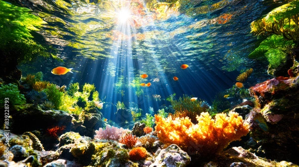 Fototapeta Coral reefs in shallow waters, tropical sea