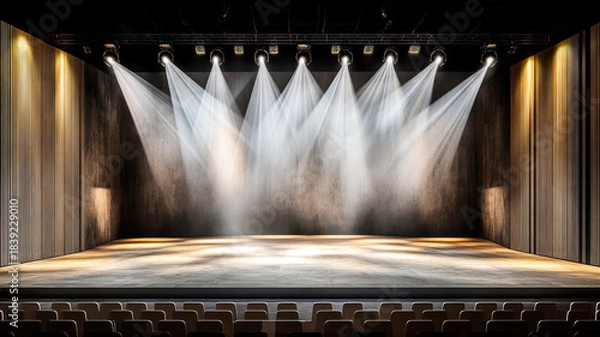 Fototapeta Interior of a modern theater, concert hall with red curtains. Stage is illuminated with spotlights. White smoke in the air