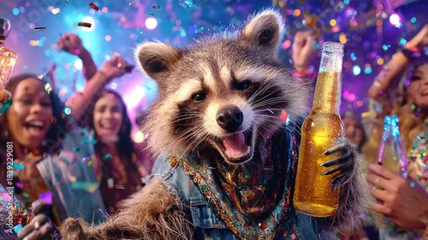 Fototapeta Funny raccoon with bottle of beer dancing in with crowd of people in a night club or at concert