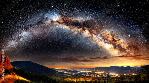 Fototapeta A breathtaking display of the Milky Way stretches above a vibrant city, surrounded by mountains and illuminated by starlight.