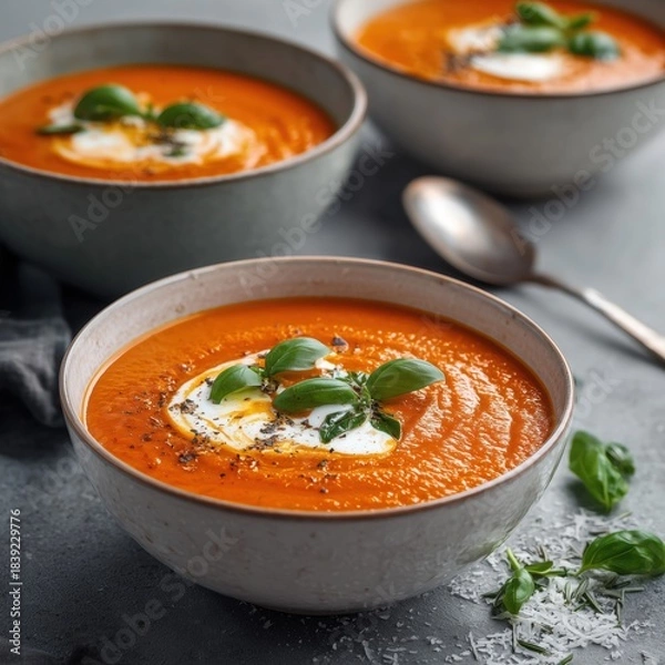 Fototapeta A bowl of tomato soup with cream and basil, on a grey background.